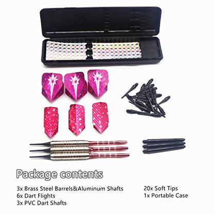 Soft Tip Darts Set for Electronic Dart Board 18/22g Plastic Tip Darts Set with Brass Barrels&Aluminum Shafts, 6 Flights 3 Spare Plastic Dart Shaft 20 Soft Tips Portable Case (18g-Silver&Pink)
