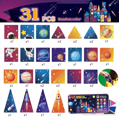 Mini Magnetic Tiles Travel Set, 31Pcs STEM Travel Magnatiles with Metal Case, Space Theme Educational & Creative Magnet Tiles for Kids