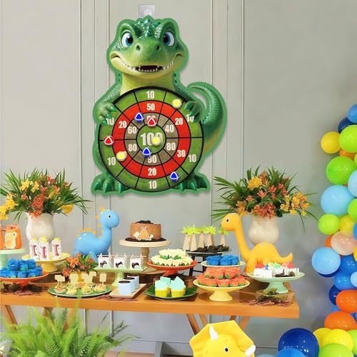 Cartoon Dinosaur Themed Toss Game Banner with 12 Sticky Balls, 30” Large Dino Dart Board for Indoor Outdoor Games Birthday Party Supplies