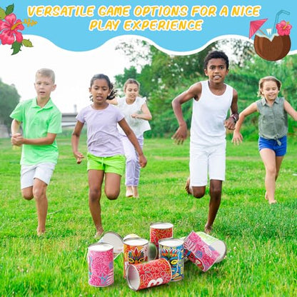 Jingmore Luau Party Games Tiki Can Toss Game Bean Bag Toss with 10 Tin Cans and 3 Bean Bag for Summer Luau Family Birthday Tropical Hawaii Aloha Indoors Outdoors Activities Party Supplies - style: Luau