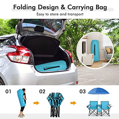LUARANE Folding Double Camping Chair, Outdoor Picnic Chairs w/Removable Umbrella, Mini Table, Cup Holder & Carrying Bag, Portable Camping Loveseat for Patio, Pool, Lawn, Beach, Park (Turquoise) - color: Turquoise