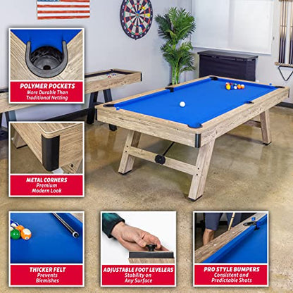 GoSports 8 ft Pool Tables with Wood Finish - Choose Your Style - Modern Billiards Table with 2 Cue Sticks, Balls, Rack, Felt Brush and Chalk - color: Blue, Brown Wood Finish