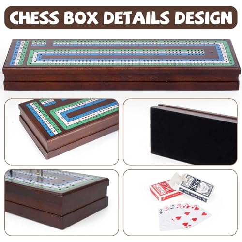 Wooden Cribbage Board Game Set, Premium Wooden Board with Magnetic Lock and Metal Pegs, Strategy Card Game Cribbage - Travel Portable Cribbage Game Sets for Family