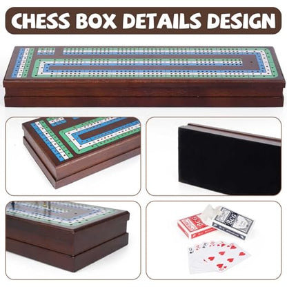 Wooden Cribbage Board Game Set, Premium Wooden Board with Magnetic Lock and Metal Pegs, Strategy Card Game Cribbage - Travel Portable Cribbage Game Sets for Family