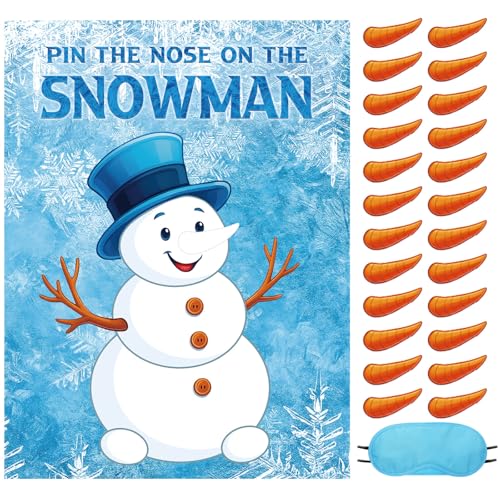Faccito Pin The Nose On The Snowman Game Winter Party Games Snowman Poster Games with 24 Carrot Nose Stickers 1 Blindfold for Winter Holiday Birthday Party Activities Game Supplies - style: Snowman 2