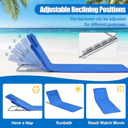 Goplus Beach Chairs with Side Table, 2 Pack Folding Lounge Chairs for Adults, with 5 Adjustable Position, Backpack Lightweight Reclining Lounge Chair for Lawn Camping Picnic Sunbath Pool (Navy) - color: Navy