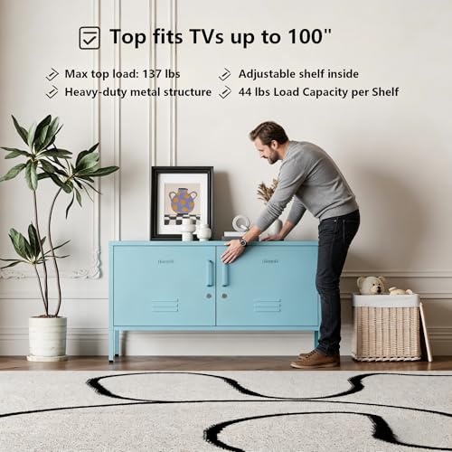 Blue Metal Accent Cabinet Locker with Lock, 2-Door Wide Storage Cabinet, Adjustable Shelves, Multifunctional TV Stand & Entertainment Center for Bedroom, Living Room - color: Ocean, style: TV stand-24"H-LK