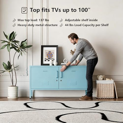 Blue Metal Accent Cabinet Locker with Lock, 2-Door Wide Storage Cabinet, Adjustable Shelves, Multifunctional TV Stand & Entertainment Center for Bedroom, Living Room - color: Ocean, style: TV stand-24"H-LK