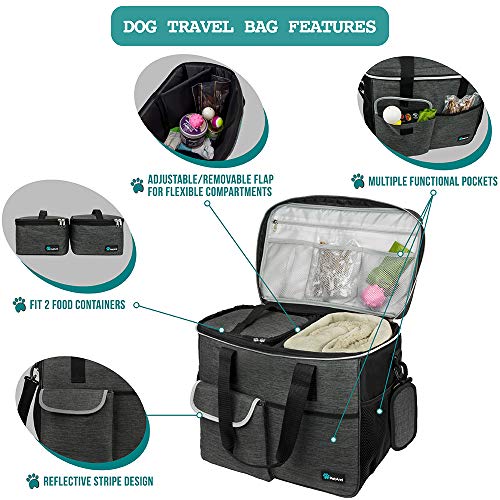 PetAmi Dog Travel Bag Organizer, Pet Travel Kit with 2 Food Containers & 2 Collapsible Dog Bowls, Pet Supplies Tote with Luggage Sleeve, Weekend Road Trip Camping Essentials, Dark Gray, Large - color: Charcoal, size: Large - 15.5"L x 9.5"W x 14.0"H