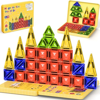 Mini Magnetic Tiles Travel Set - 40PCS Diamond Texture Magnetic Building Blocks for Kids, 10% Thicker & Portable Yellow Metal Storage Box, Montessori STEM Educational Toys Gift for Ages 3+ - size: 40 PCS