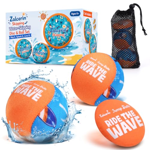 Water Skipping Balls Pool Beach Toys, 2 Water Skip Balls & 1 Skipping Disc | Water Bouncing Ball Play, Kids Ages 8-12, Mesh Carry Bag, Summer Outdoor Games, Lake Weekends, Teens Adults, Vacation Gift