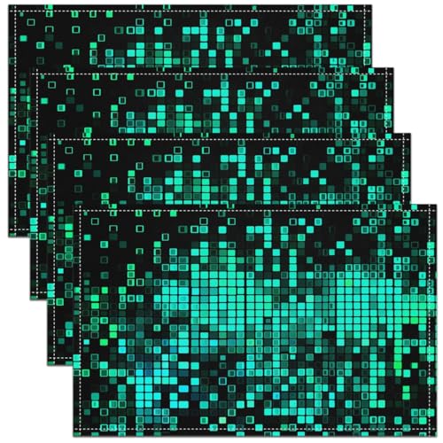 Erosebridal Teal Black Pixelated Place Mat Set of 4 - Checkered Geometric Abstract Art Placemats, Gaming Gamer Table Mats 12x18 Inch for Kids Boys Girls, Plaid Neon Table Decor for Party Kitchen - color: Teal and Black