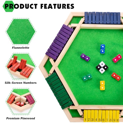 Shut The Box Game Large for 6 Players, 15 inch Wooden Board Table Math Game with 16 Dice and Instructions, Classics Close The Box Board Game - size: 14.99 INCH