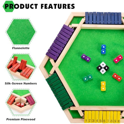 Shut The Box Game Large for 6 Players, 15 inch Wooden Board Table Math Game with 16 Dice and Instructions, Classics Close The Box Board Game - size: 14.99 INCH
