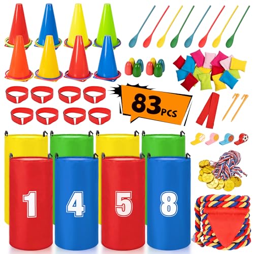 ropoda Field Day Games, Outdoor Carnival Games Potato Sack Race Bags for Adults and Kids, Bean Bags, Soft Plastic Cones,Ring Toss Set,Egg and Spoon Race, Outdoor Games Easter - color: 83PCS