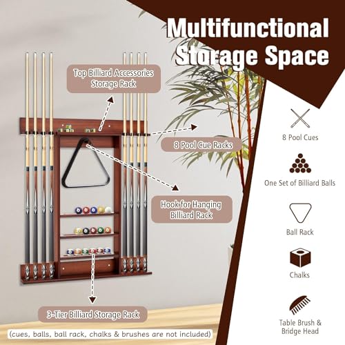 LDAILY Pool Cue Rack Only, Wooden Pool Cue Holder, Holds 8 Cues, 16 Billiard Balls & Ball Rack, Pool Stick Holder Wall Mount for Billiard Room, Club & Man Cave, 31" L x 3" W x 36" H (Coffee)