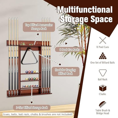 LDAILY Pool Cue Rack Only, Wooden Pool Cue Holder, Holds 8 Cues, 16 Billiard Balls & Ball Rack, Pool Stick Holder Wall Mount for Billiard Room, Club & Man Cave, 31" L x 3" W x 36" H (Coffee)
