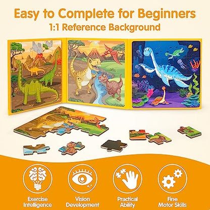 SYNARRY Magnetic Dinosaur Puzzles for Kids Ages 3-5, 20 Pieces Puzzles for Toddlers 4-6, Easter Basket Stuffers Gifts for Kids, Car Airplane Road Trip Activities Magnet Games Toy for Boys Girls - style: Dinosaur