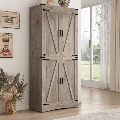 71" Tall Kitchen Pantry,Farmhouse Storage Cabinet with Adjustable Shelves,Load-Bearing Steel Pipe,Farmhouse Pantry Cabinet with 4 Barn Doors,for Kitchen,Dining Room,Living Room(Light Rustic Oak) - color: Light Rustic Oak, style: 4 Doors