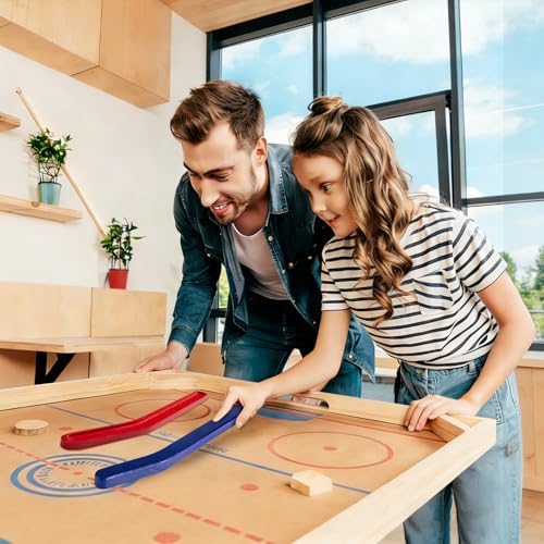 2 Sets Wooden Replacement Hockey Sticks and Pucks for Classic Wooden Tabletop Games Hockey Games Equipment Set Extra Accessories for Kids Children Adults Family - color: Red,Blue