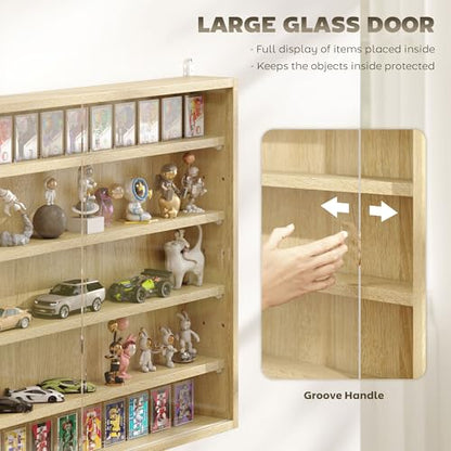 HOMCOM 5-Tier Display Cabinet, Glass Door Cabinet with Adjustable Shelves, Wall-Mounted Display Case for Playroom, Bedroom, Oak - color: Oak