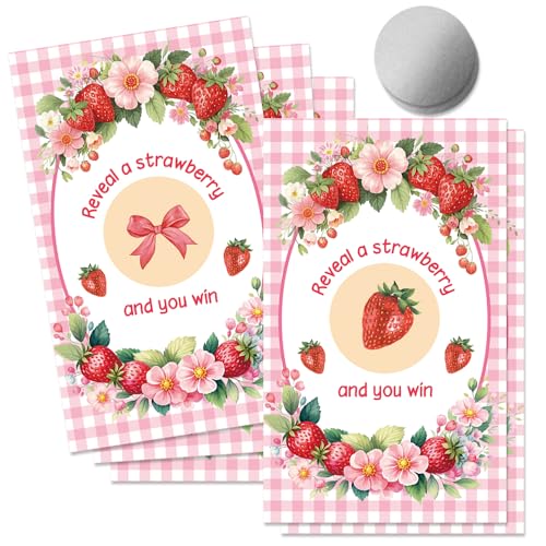 50 Pcs Strawberry Themed Scratch Off Game Cards, Pink Scratch Cards for Birthday, Baby Shower, Party Supplies, Lottery Prize Raffle Ticket, Berry Theme Party - color: Pink
