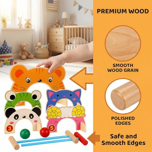 Toddmomy Animal Wooden Croquet Set for Kids - Complete Family Indoor Outdoor Game with 5 Animal Wickets & 2 Mallets - Safe Educational Learning Toy & Gift for Toddlers Boys Girls 3-6
