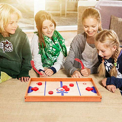 Point Games Small Tabletop Slap Shot Hockey Game, Super Durable Wooden Board with 2 Sticks and 5 Pucks, Great Family Game for Ages 5+