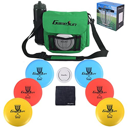 DISC Golf Set-Includes 1pc Heavy Duty Nylon Carry Bag, 2pcs Drivers, 2pcs Mid-Ranges, 2pcs Putters, 1pc Mini Disc Marker, 1pc 12”x12” Embroider Logo Black Towel and 1pc Gift Color Box - color: Green