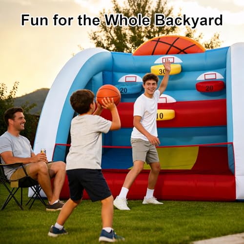 10FT Inflatable Basketball Hoop Game for Kids & Adults - 10x10x10 FT Heavy Duty Oxford Carnival Blow Up Party Zone with 5 Hoops, 4 Balls, Easy Setup Outdoor Backyard Lawn Sports Toy