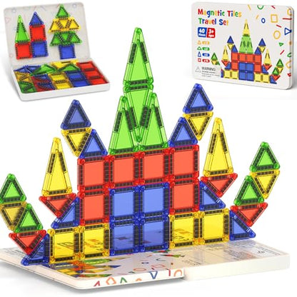 Mini Magnetic Tiles for Kids Travel - 40pcs STEM Building Blocks with Visual Storage Guide & Metal Box Play Base, Toddler Airplane Activities Toys for Ages 3-5,4-8, Compact Travel Toys - style: Glossy Surface Mini Magnetic Tiles - 40 PCS