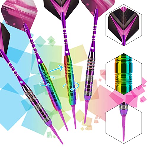 Soft Tip Darts Set 3 Aluminum Shaft Professional Darts Plastic Tip Sets 2BA Replacement Tips + Extra 3 Dart Flights 3 Replace Plastic Shafts for Electronic Dart Board - color: Purple