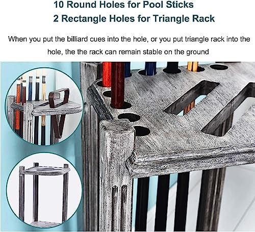 REMYS Corner Floor Cue Rack, with 5 Drink Coasters, Billiard Supplies 10 Cues Freestanding Pool Stick Holder, Holds Full Set of Balls
