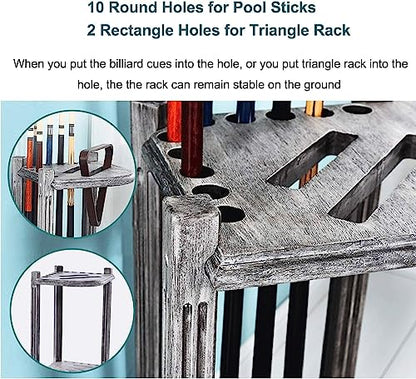 REMYS Corner Floor Cue Rack, with 5 Drink Coasters, Billiard Supplies 10 Cues Freestanding Pool Stick Holder, Holds Full Set of Balls