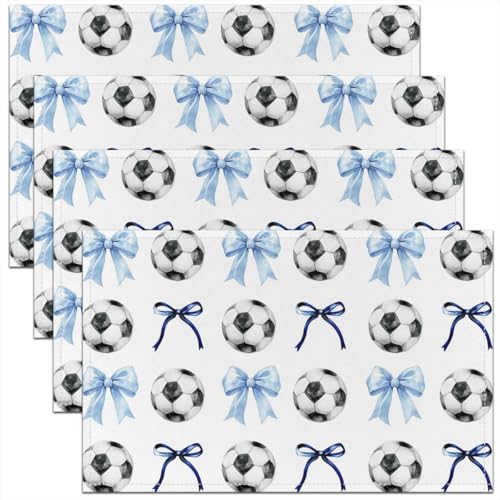 Cartoon Bowknot Kids Placemats Set of 4,Soccer Footabll Sport Game Table Place Mats,Bow Tie Geometric Honeycomb Kitchen Decor,Blue Black Placemat Kitchen Table Decoration 12"x18" - color: Blue Black