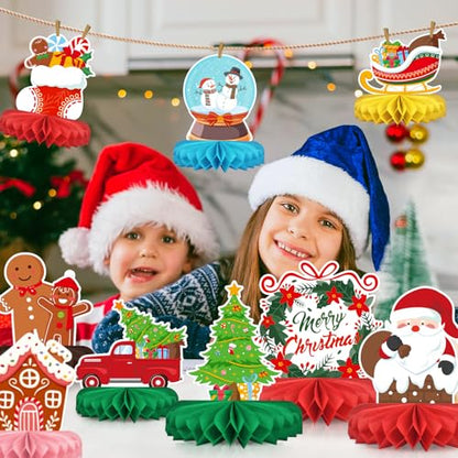 Merry Christmas Party Decorations Bundle - Includes Festive Christmas Honeycomb Centerpieces ，Santa Claus Snowman Table Toppers, Perfect for Classroom Decor, Christmas & Winter Birthday Party Supplies - style: Christmas