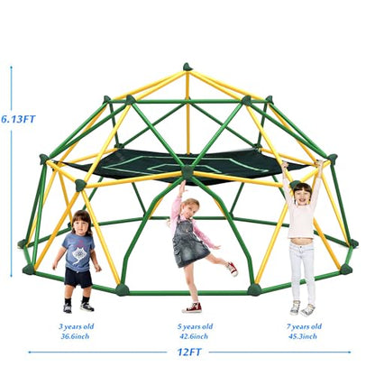 Merax 12FT Climbing Dome with Hammock, Outdoor Geometric Dome Climber Play Center for Kids 3-10 Supporting 1000 lbs, Easy Assembly Jungle Gym - style: 12FT Yellow & Green