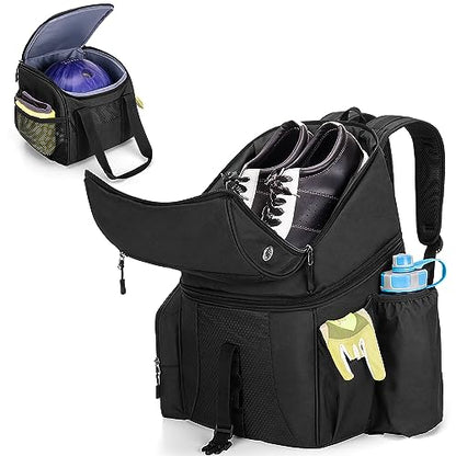 DSLEAF Bowling Backpack and Separate Ball Bag Combo, Bowling Ball Bag with Wooden Ball Holder and Shoe Compartment for US Mens 16 and Multi-Pockets for Accessories (Patent Design)
