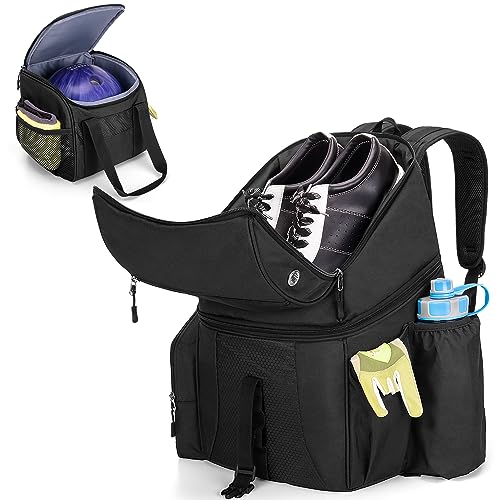 DSLEAF Bowling Backpack and Separate Ball Bag Combo, Bowling Ball Bag with Wooden Ball Holder and Shoe Compartment for US Mens 16 and Multi-Pockets for Accessories (Patent Design)