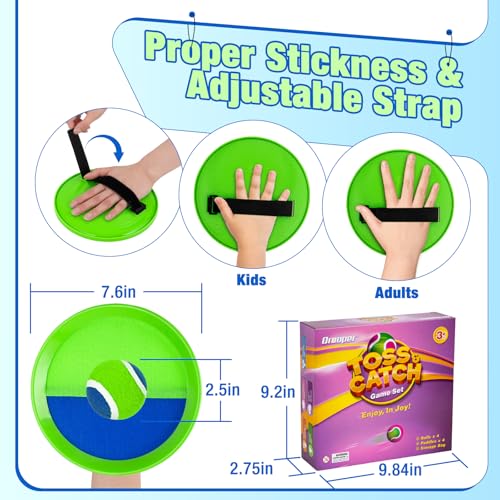 Sticky Toss and Catch Ball Game Set - Kids & Toddlers Outdoor Indoor Activity Toys for Boys Girls 3 4 5 6 7 8-12 Year Old - Great Games for Beach Pool Yard - Birthday Gifts Easter Basket Stuffers - size: 4 paddles 4 balls