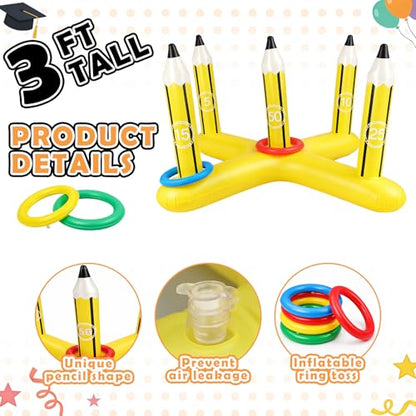 Skylety 3 ft Back to School Inflatable Pencil Ring Toss Game with 5 Colorful Rings Pool Ring Toss Toys for Family Summer Pool Birthday Party Inflatable Games Giant Outdoor Lawn & Yard