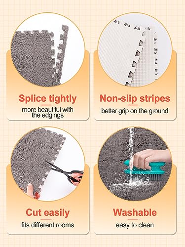 12 pcs Thickened Plush Foam Interlocking Floor Mat, Interlocking Foam Tiles with Edgings for Kids, Soft Anti-Slip Puzzle Area Square Rug Playmat for Children Room Bedroom(11.8", Gray) - color: Grey