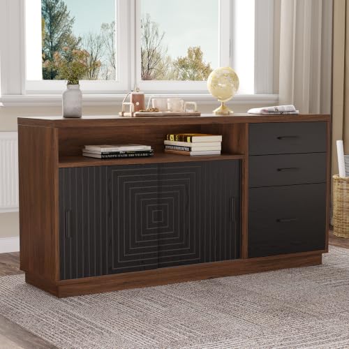 ONBRILL 55" File Cabinet, 3 Drawers Filing Cabinets for Home Office, Modern Office Storage Cabinet with Sliding Door&Adjustable Shelves, Printer Stand for Office, Living Room, Walnut - color: Walnut