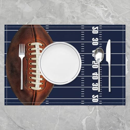 Erosebridal Football Placemats Set of 4 12x18 Sports Place Mat for Kids Teens Men Soccer Ball Game Ruler Stripe Geometric Blue Brown Heat Resisting Table Mats - color: Blue Brown
