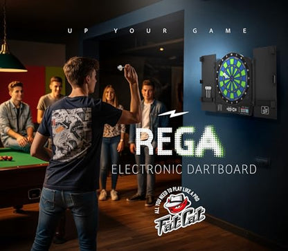 Fat Cat Rega Electronic Dart Board with LED Lights, Electric Dart Board Cabinet for Adults, 13.5" Soft Tip Dart Board, 48 Games