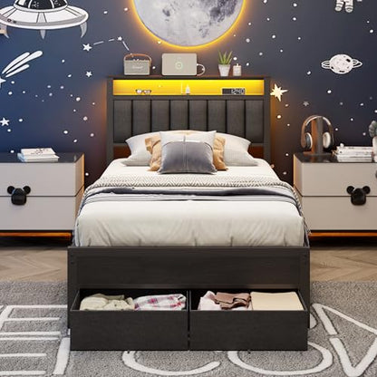 Furnulem Twin Bed Frames with Charging Station and LED Lights, Grey Upholstered Headboard with Shelves, Metal Platform Bed with 2 Under-Bed Storage (Fabric Drawer on Wheels), No Box Spring Needed - size: Twin