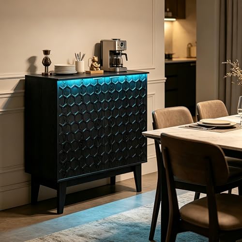 Black Sideboard Cabinet with LED Lights, 2-Door Accent Storage Cabinet with Hexagon Embossed Door, Freestanding Buffet Cabinet for Living Room, Kitchen, Entryway, 31.5" x 15.8" x 31.5"