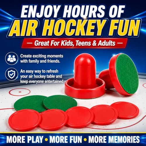 2 Sets Air Hockey Pusher and Puck Replacement Parts 60mm Red Striker Handles with Felt Pads and 51mm Red Round Pucks Air Hockey Table Accessories Plastic Mallet Goal Shooter Kit for Game Tables