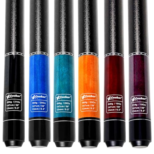 Set of 6 Pool Cues for House Bar, 58" 2-Piece Maple Billiard Sticks | 6 cues 18-21oz: 6 assorted colors. Imitation leather grip. For commercial & family group. Gift/self-use - color: Purple+Red+Orange+Teal+Blue+Black