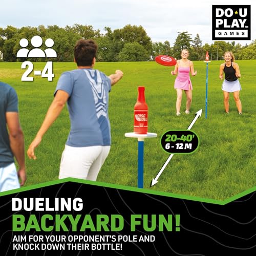 Disc Duel - Ultimate Flying Disc Game Bottle Challenge - Lawn Games Adults and Family - Perfect for Beach, Park, and Tailgating - Polish Horseshoes Set - Dual Use Adjustable Stands - Ages 3+